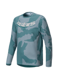 Alpinestars Youth A-Dura Hollow Camo Jersey, Long Sleeve MTB Jersey, Silver Pine Camo with teal and gray patterns, bold white astars graphic on chest, performance fabric for youth trail riding