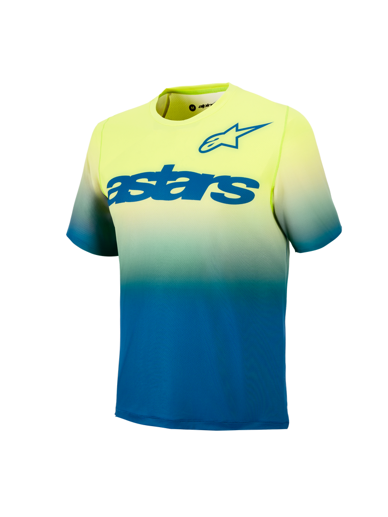 Youth A-Dura Astars Jersey 2.0, short sleeve MTB jersey in yellow and blue gradient with bold blue chest logos.