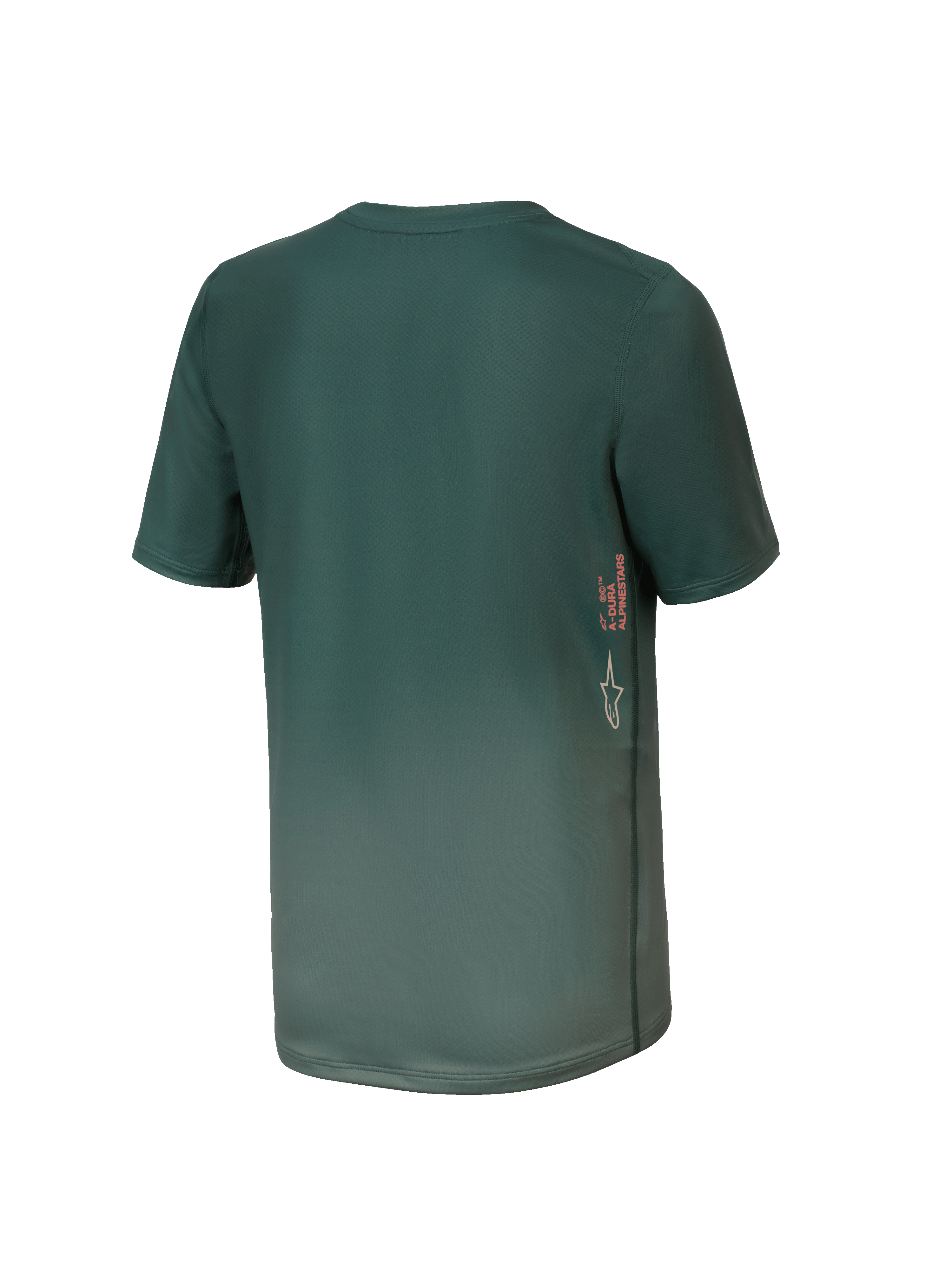 Alpinestars Youth A-Dura Rise Jersey, Short Sleeve MTB Jersey, Silver Pine Green, rear view featuring vertical A-DURA and Astars logo branding on the side, dropped tail hem, technical moisture-wicking fabric