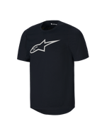 Alpinestars Youth A-Dura Short Sleeve Jersey, Black MTB Shirt, Large white Astars logo on chest, crew neck design, casual mountain biking performance apparel
