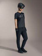 Stella A-Dura Ride Jersey in black, women's short sleeve MTB top featuring a silver Alpinestars logo on the chest.
