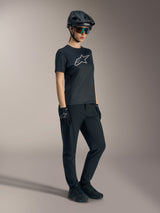 Stella A-Dura Ride Jersey in black, women's short sleeve MTB top featuring a silver Alpinestars logo on the chest.