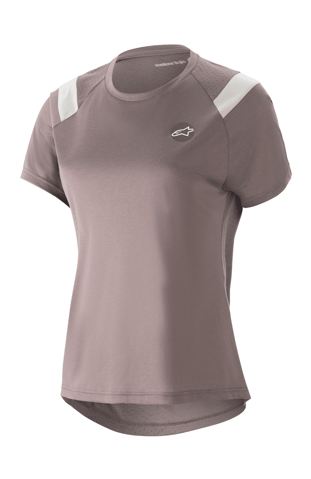 Alpinestars Women Stella Alps Escape Jersey, Short Sleeve MTB Shirt, Sparrow Gray with white shoulder accents, perforated mesh panels for breathability, curved drop tail hem, small circular Astar logo on chest, casual sporty fit for mountain biking