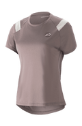 Alpinestars Women Stella Alps Escape Jersey, Short Sleeve MTB Shirt, Sparrow Gray with white shoulder accents, perforated mesh panels for breathability, curved drop tail hem, small circular Astar logo on chest, casual sporty fit for mountain biking