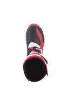 Alpinestars Tech-T Boots, Trials Motorcycle Boots, Bright Red Black White, top-down view showing the interior ankle opening and toe area, featuring black textured panels, red side accents, and white detailing, designed for off-road performance.