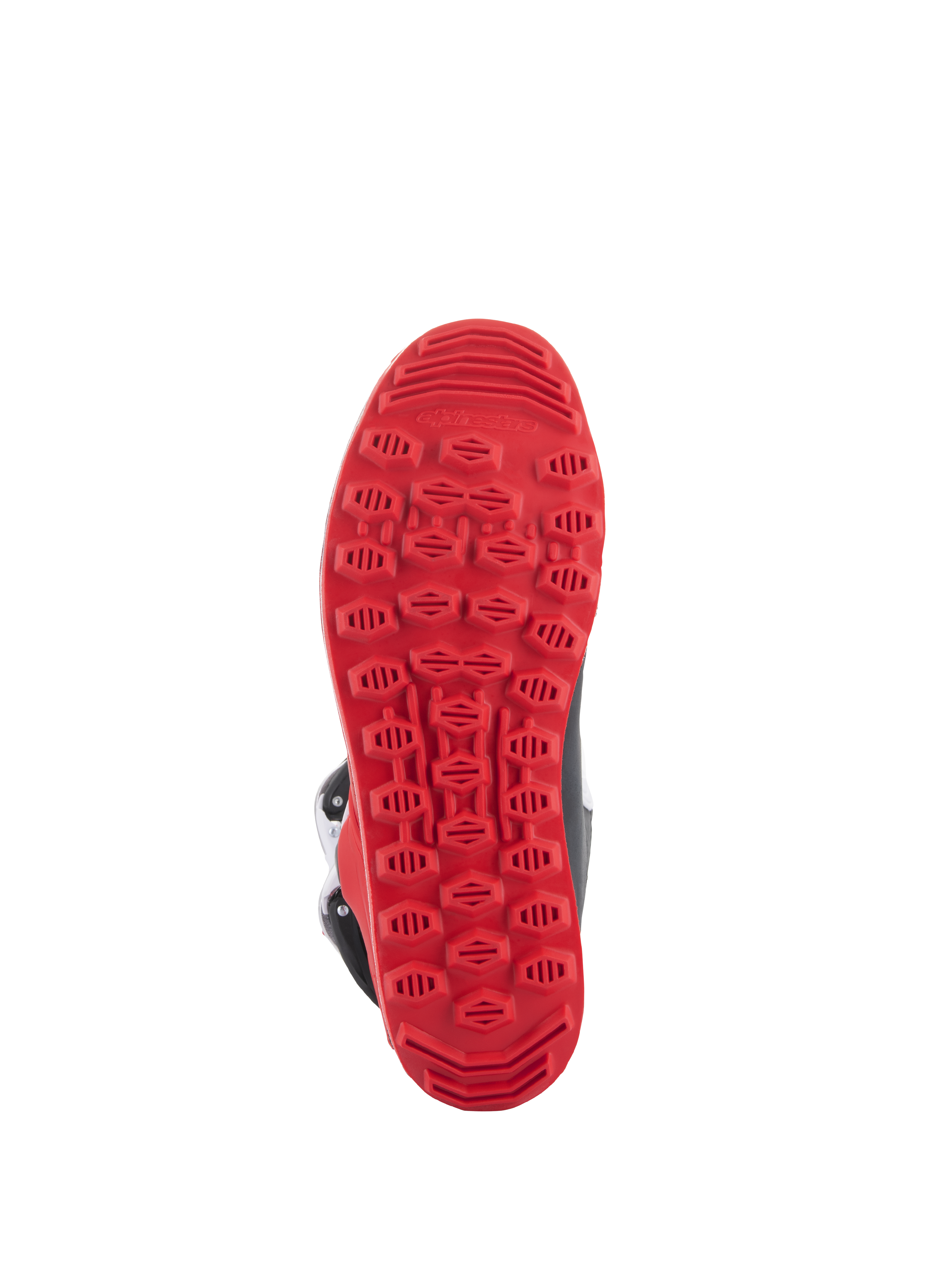 Alpinestars Tech-T Boots, Bright Red Black White, proprietary bright red textured rubber sole designed for trials riding grip and footpeg sensitivity