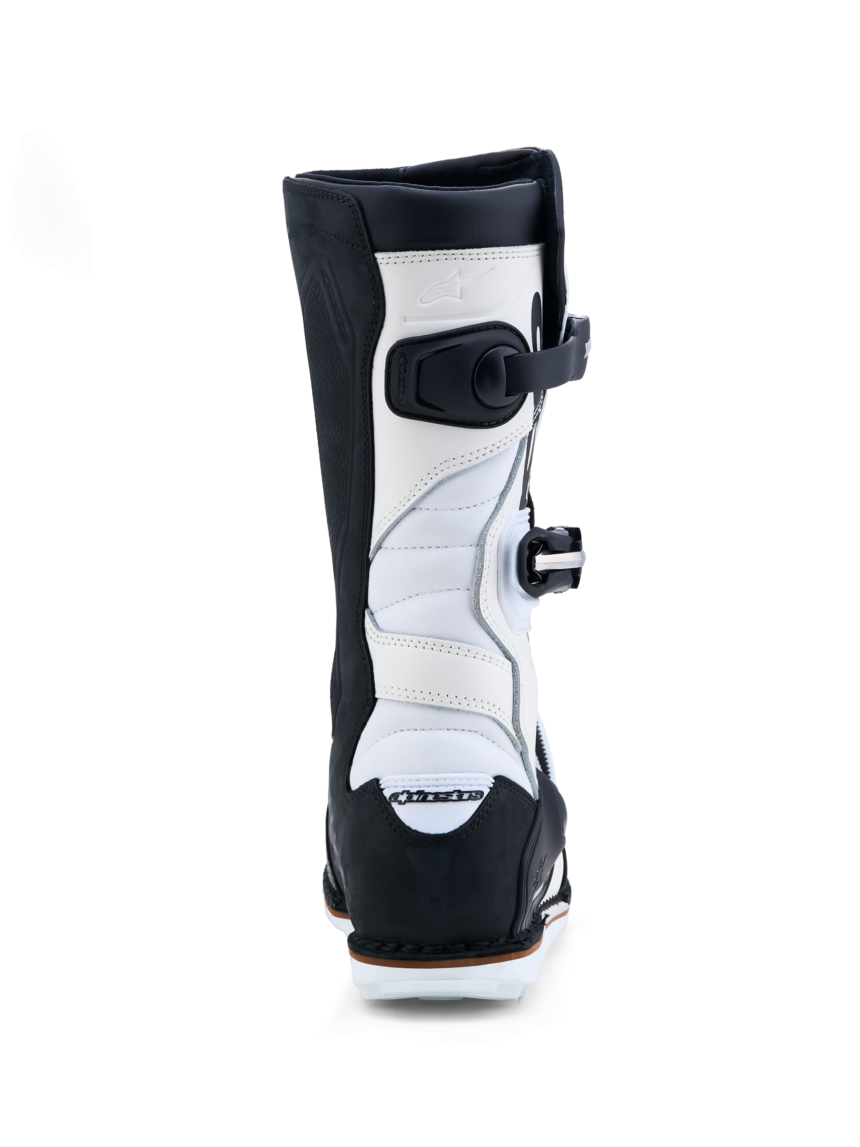 Alpinestars Tech-T Boots, Black and White trials motorcycle boots with leather construction and accordion stretch zones.