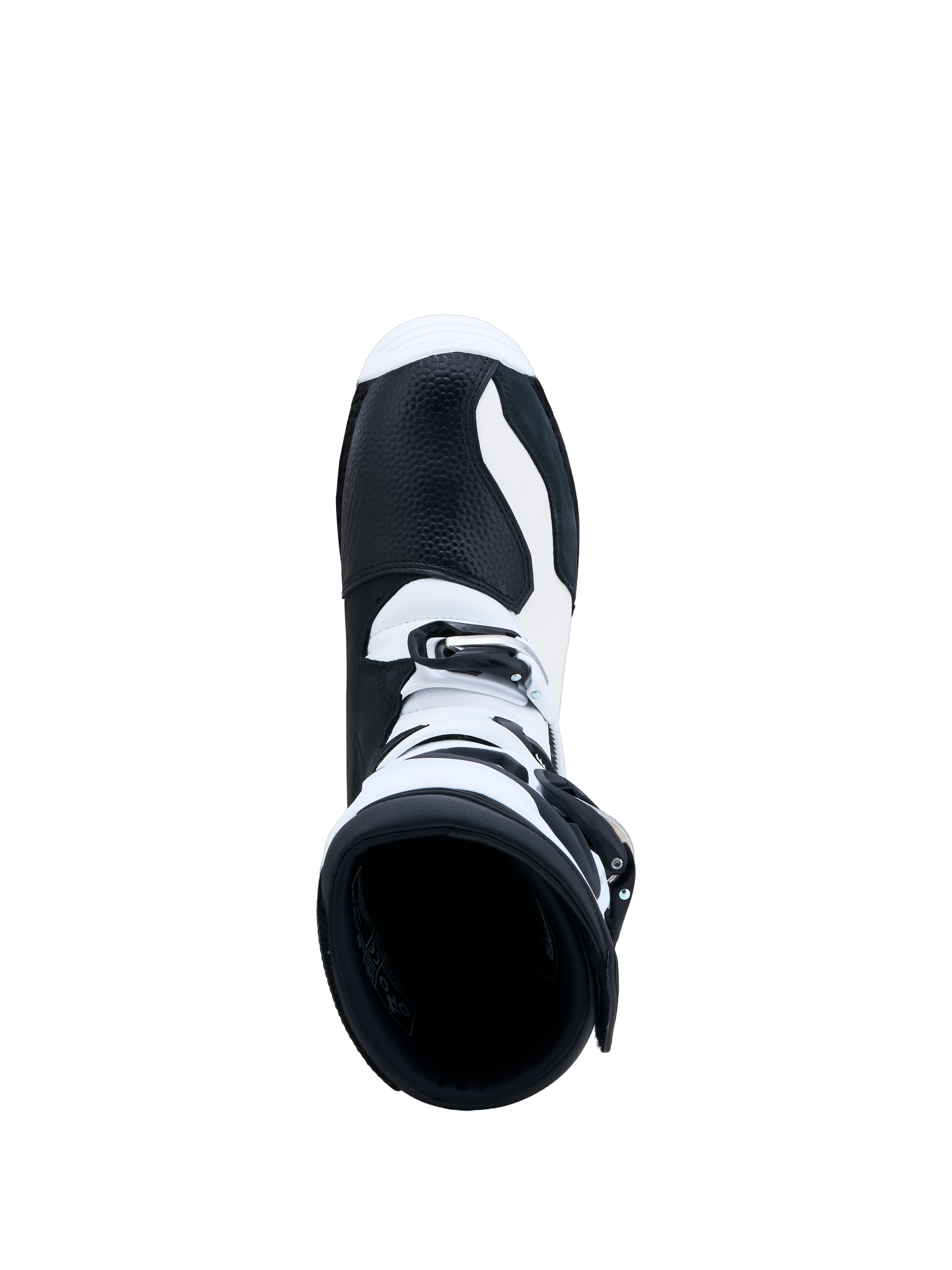 Alpinestars Tech-T Boots, Black and White Trials Motorcycle Boots, top-down view showing leather construction and buckle closure for precision off-road control.