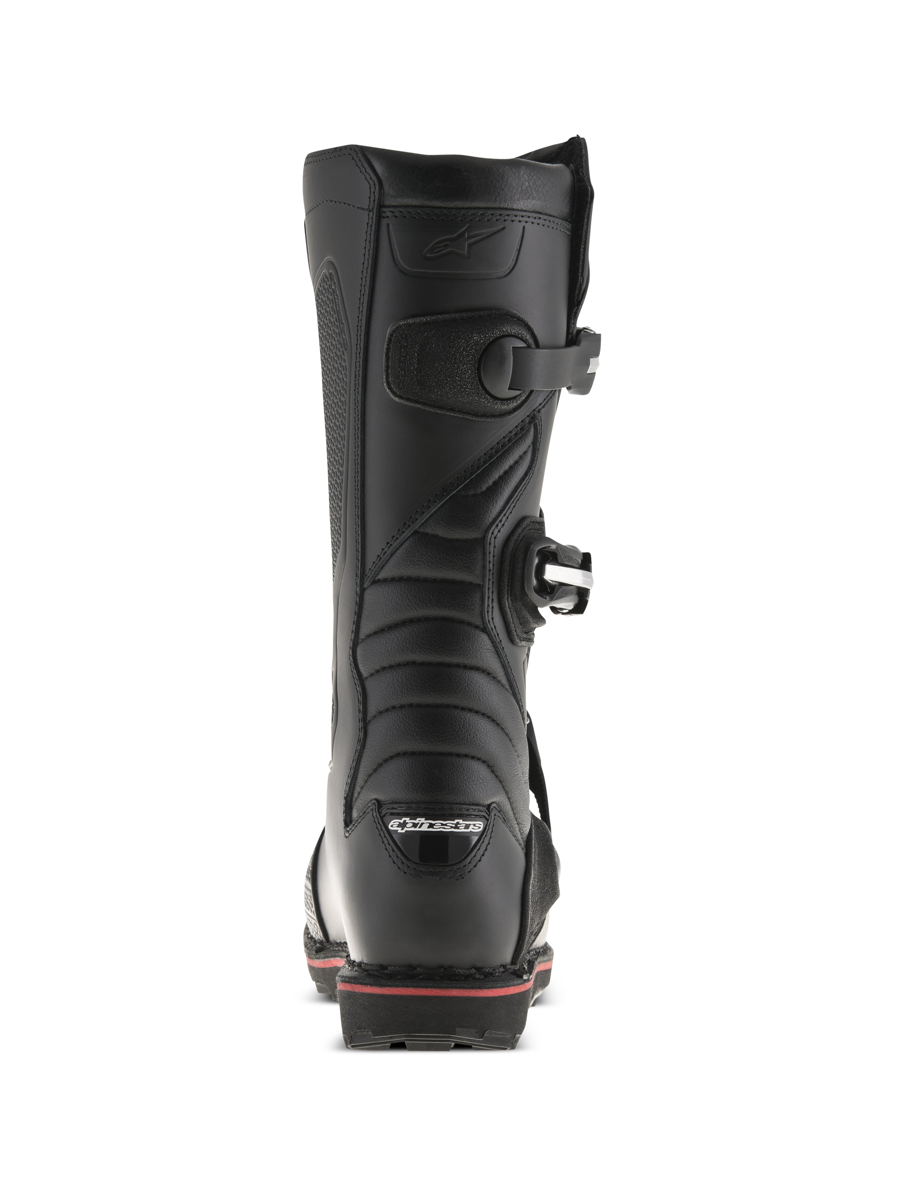 Alpinestars Tech-T Boots, Trials Boots, Black and Red, rear view showing Alpinestars logo on the heel, buckle straps, and a red accent line along the sole, technical off-road footwear design