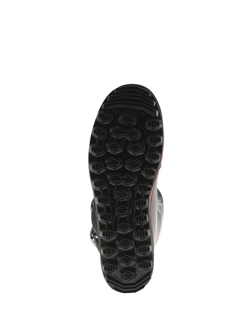 Alpinestars Tech-T Boots, Bottom View of Sole, Black with Red accents, featuring textured hexagonal lug pattern, proprietary trials sole designed for maximum grip and sensitivity on foot pegs