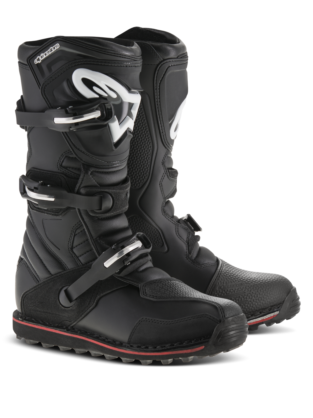 Alpinestars Tech-T Boots, Trials Motorcycle Boots, Black with Red and White accents, features three buckle closure system, ergonomic shin plate with white Astars logo, thin red stripe along the sole, durable leather construction for trials and off-road riding