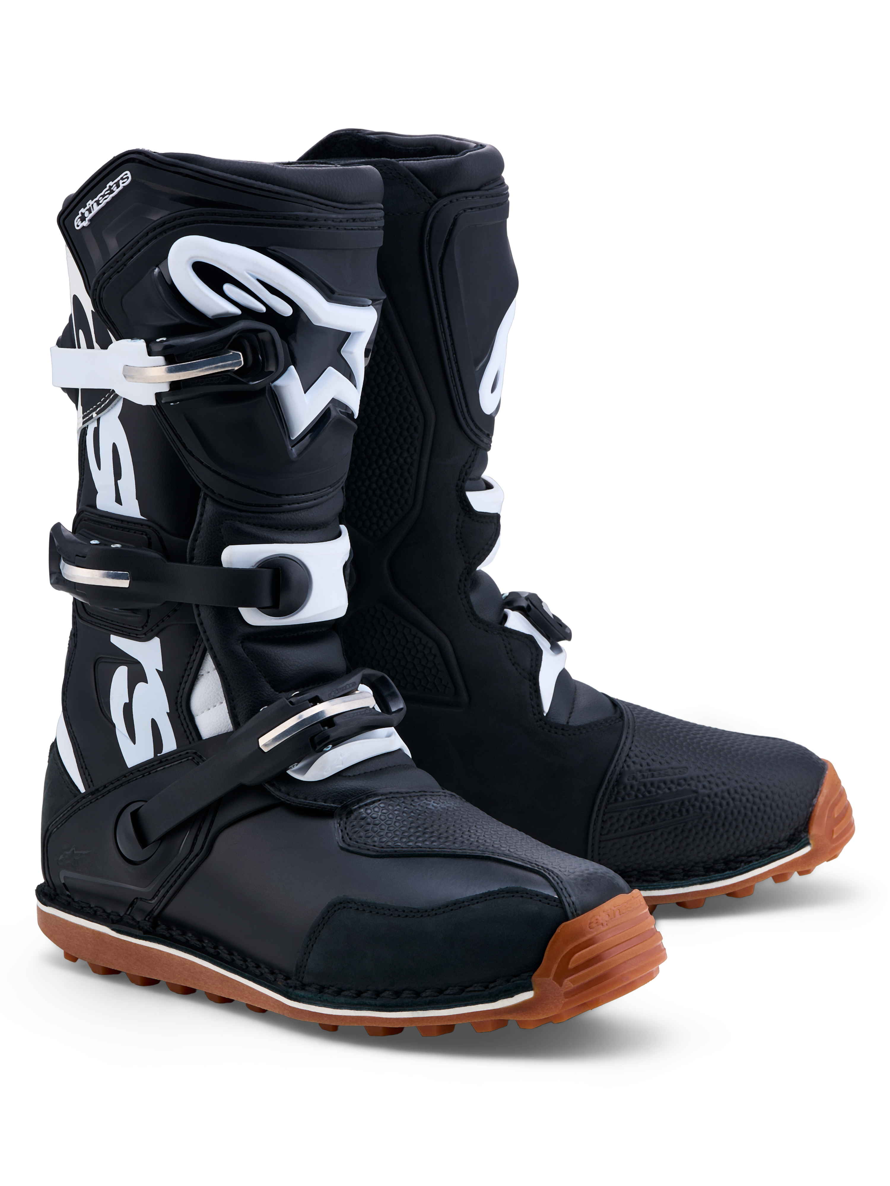 Alpinestars Tech-T Boots, Trials Riding, Men's, Black and White, Leather with TPU shinplate and high-grip gum rubber sole.
