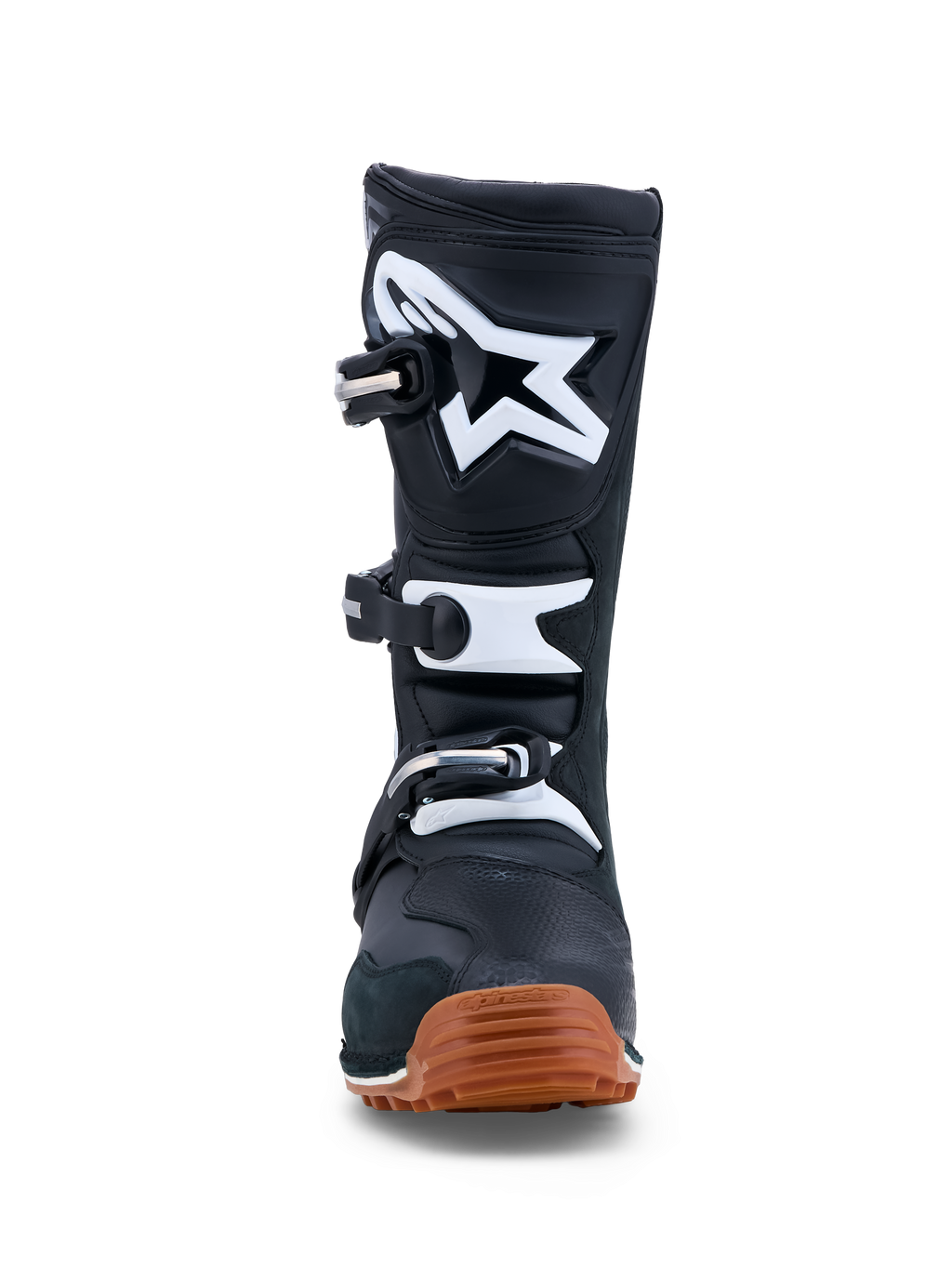 Alpinestars Tech-T Boots, Men's Black and White trials motorcycle boots with a leather build and high-grip gum sole.