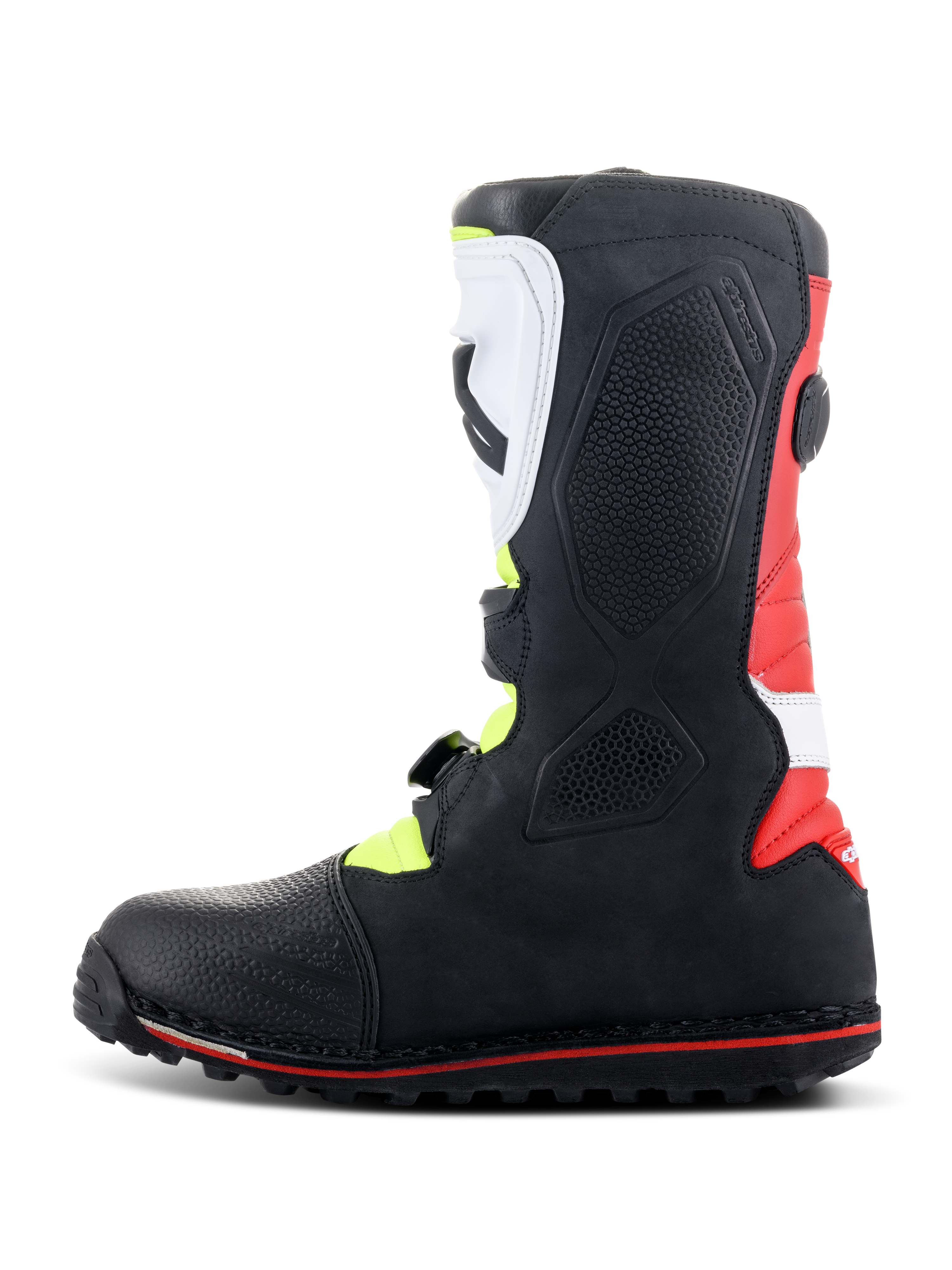 Alpinestars Tech-T Boots, Trials Motorcycle Boots, White Red Yellow Fluo and Black, side profile view showing ergonomic white shinplate and buckle system, red heel panel, and specialized trials sole with red accent line.