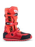 Alpinestars Tech-T trials motorcycle boots in Fluorescent Red and Black, featuring three-buckle closure and TPU protection.