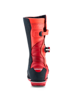 Alpinestars Tech-T Trials Boots in red fluo and black leather, featuring rear accordion flex zones and CE certified TPU.