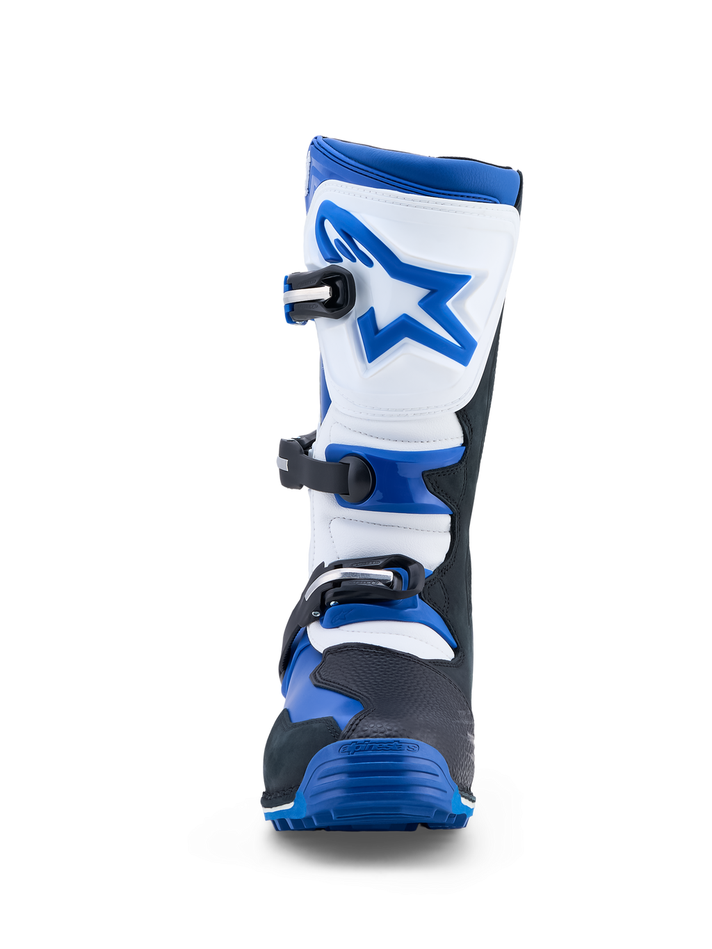 Alpinestars Tech-T Boots, men's trials motorcycle boots in blue, black, and white leather with a secure three-buckle closure.