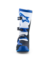 Alpinestars Tech-T Boots, men's trials motorcycle boots in blue, black, and white leather with a secure three-buckle closure.