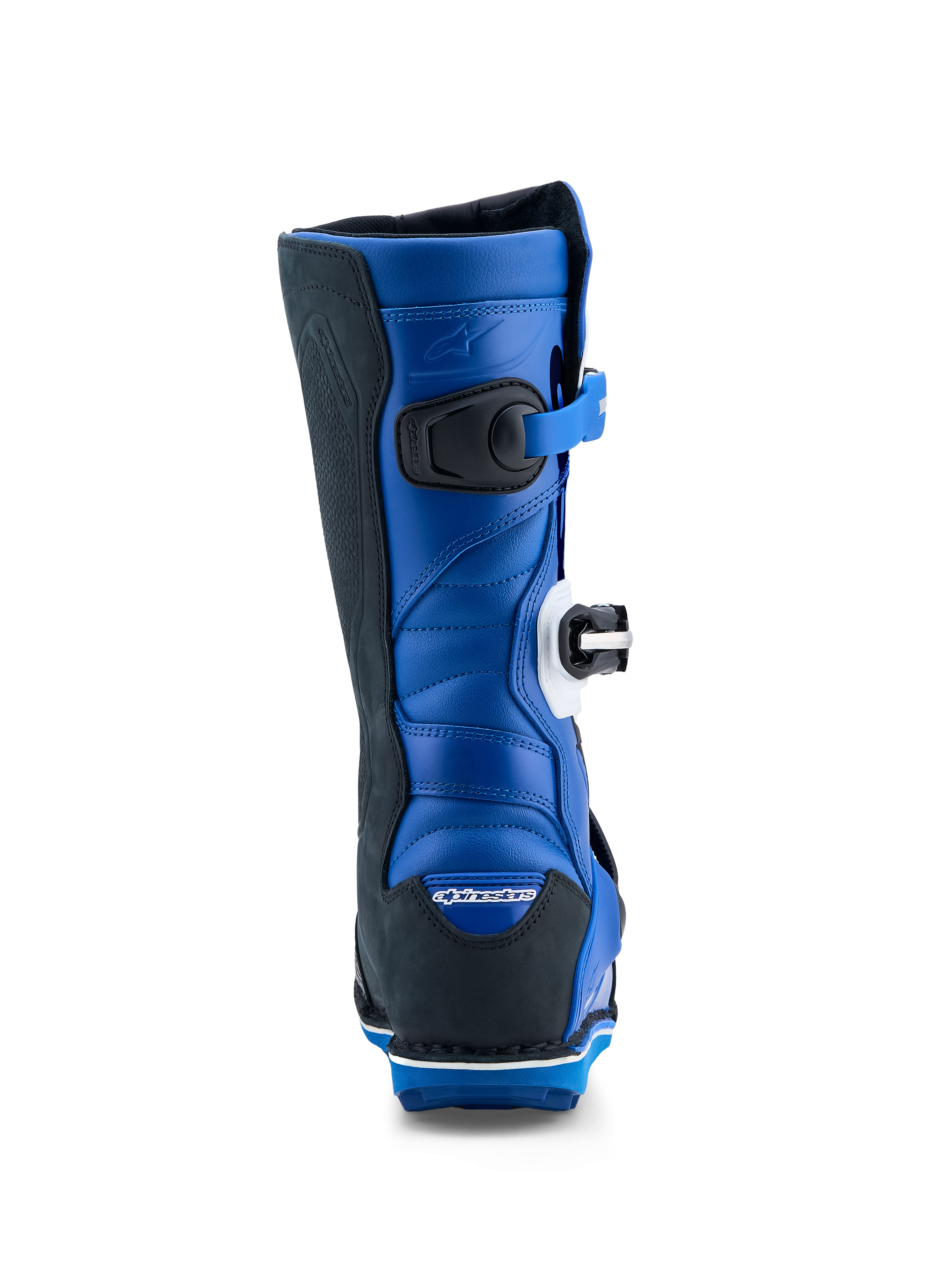 Alpinestars Tech-T Boots, Men's Trials Motorcycle Boots, Blue and Black, leather construction with rear flex zones.