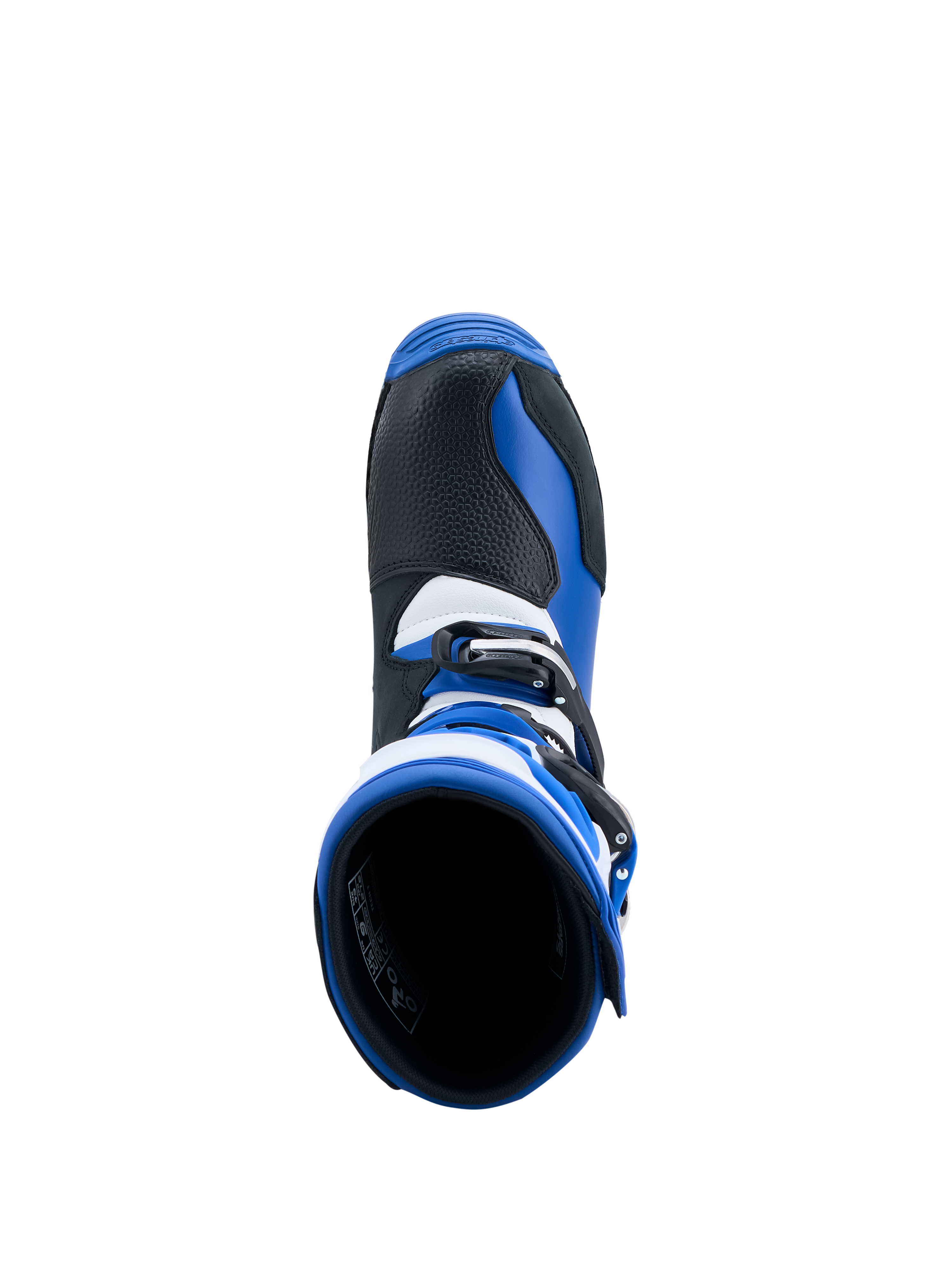 Alpinestars Tech-T Trials Boots in Blue and Black, top-down view showing the entry aperture and leather construction.