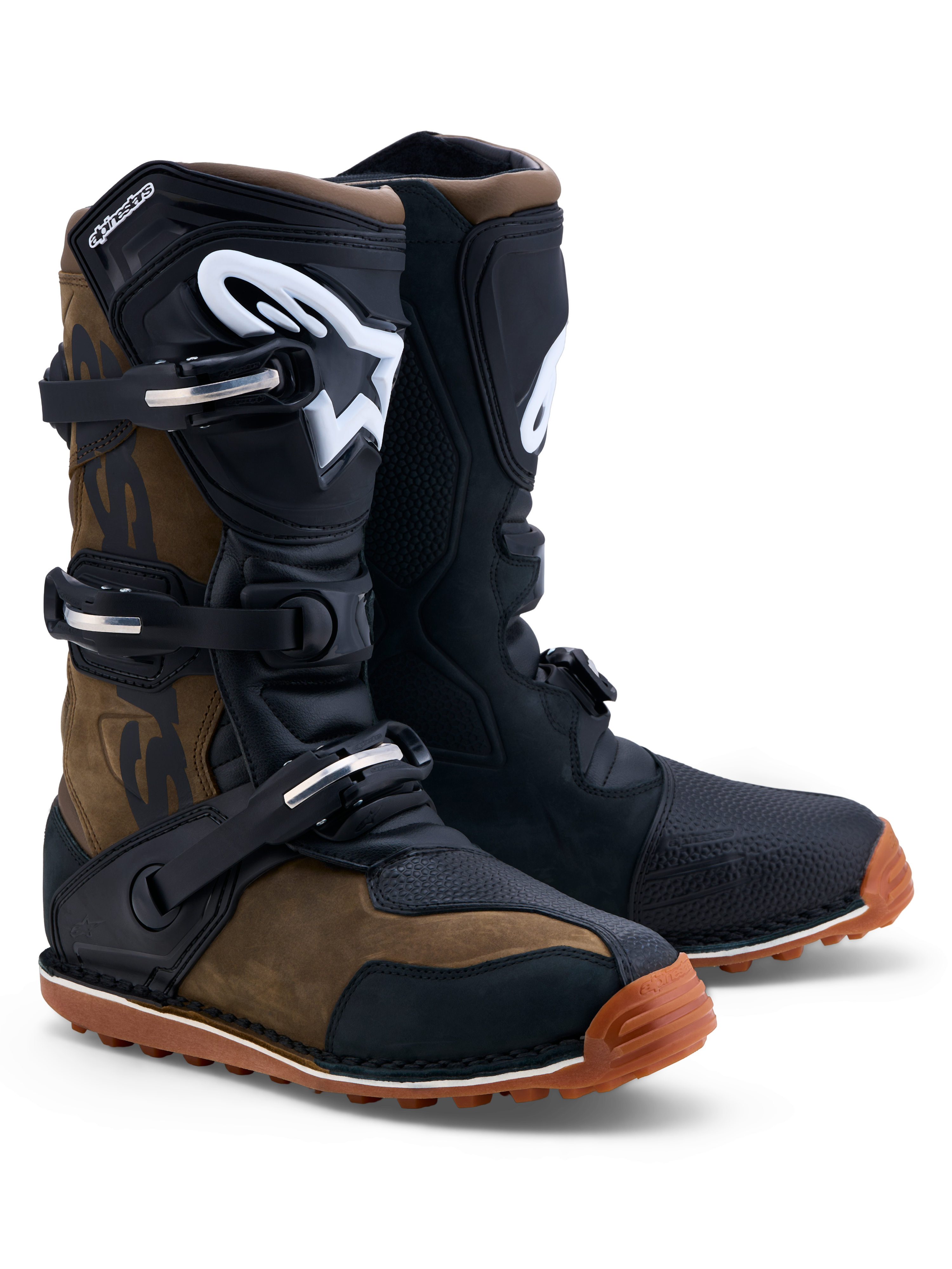 Alpinestars Tech-T Boots, trials motorcycle boots in brown and black leather with ergonomic TPU shinplates.