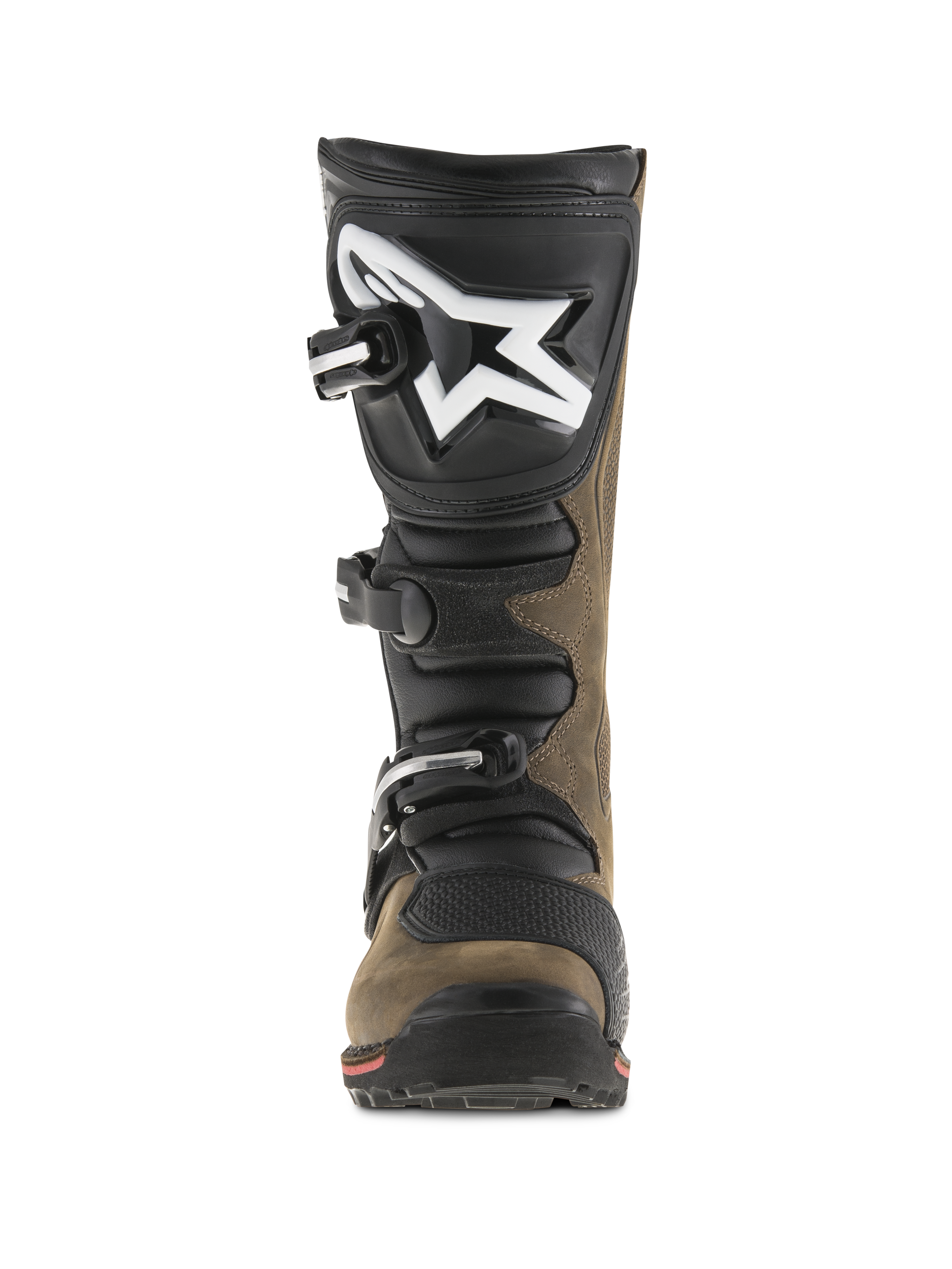 Alpinestars Tech-T Boots, Trials Motorcycle Boots, Brown Oiled and Black, front view showing ergonomic shinplate with large white logo, three-buckle closure system, and specialized sole for technical off-road riding