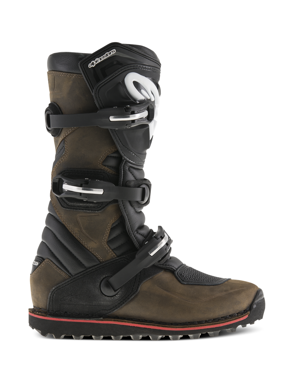 Alpinestars Tech-T Boots, Motorcycle Trials Boots, Brown Oiled and Black, side profile view featuring a triple-buckle closure system, ergonomic shin plate with white logo, rugged textured sole with a red accent stripe, designed for off-road trials riding