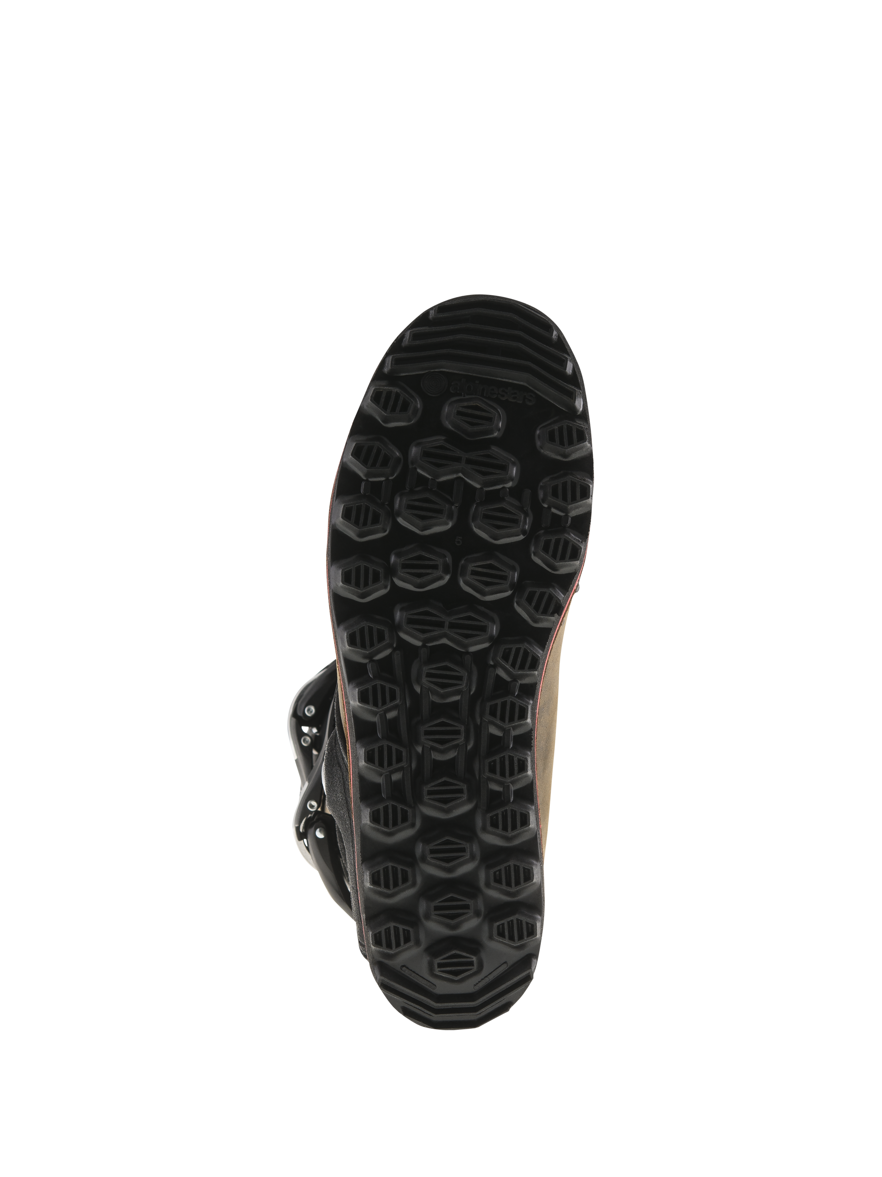 Alpinestars Tech-T Boots, Trials Boots, Brown Oiled leather, bottom view of black proprietary sole, textured hexagonal tread pattern for grip and foot peg sensitivity, durable rubber construction
