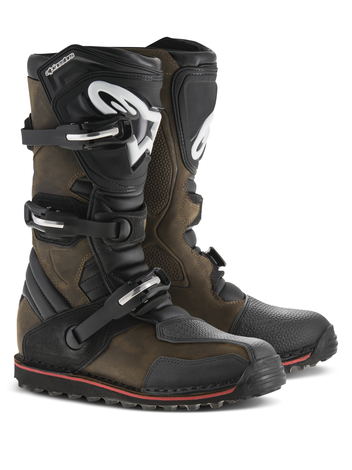 Alpinestars Tech-T Boots, Trials Motorcycle Boots, Brown Oiled leather with black accents, featuring ergonomic shinplates with white Alpinestars logo, triple buckle closure system, and a black sole with a red stripe, rugged off-road footwear