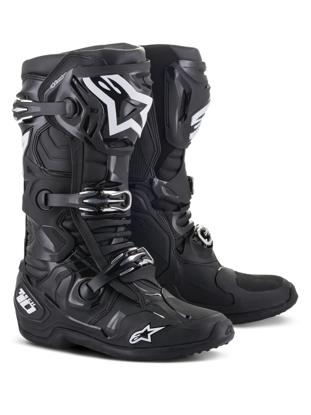 Alpinestars Tech 10 Boots, Motocross Boots, Black, featuring white Alpinestars logos, triple buckle closure system, rugged TPU shell with reinforced ankle protection, streamlined design for high-performance off-road racing