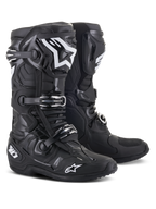 Alpinestars Tech 10 Boots, Motocross Boots, Black, featuring white Alpinestars logos, triple buckle closure system, rugged TPU shell with reinforced ankle protection, streamlined design for high-performance off-road racing