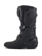 Alpinestars Tech 10 Boots, Black motocross boots, side profile view, featuring advanced TPU shell construction, streamlined design with buckle closures, and textured protective panels for professional off-road racing performance