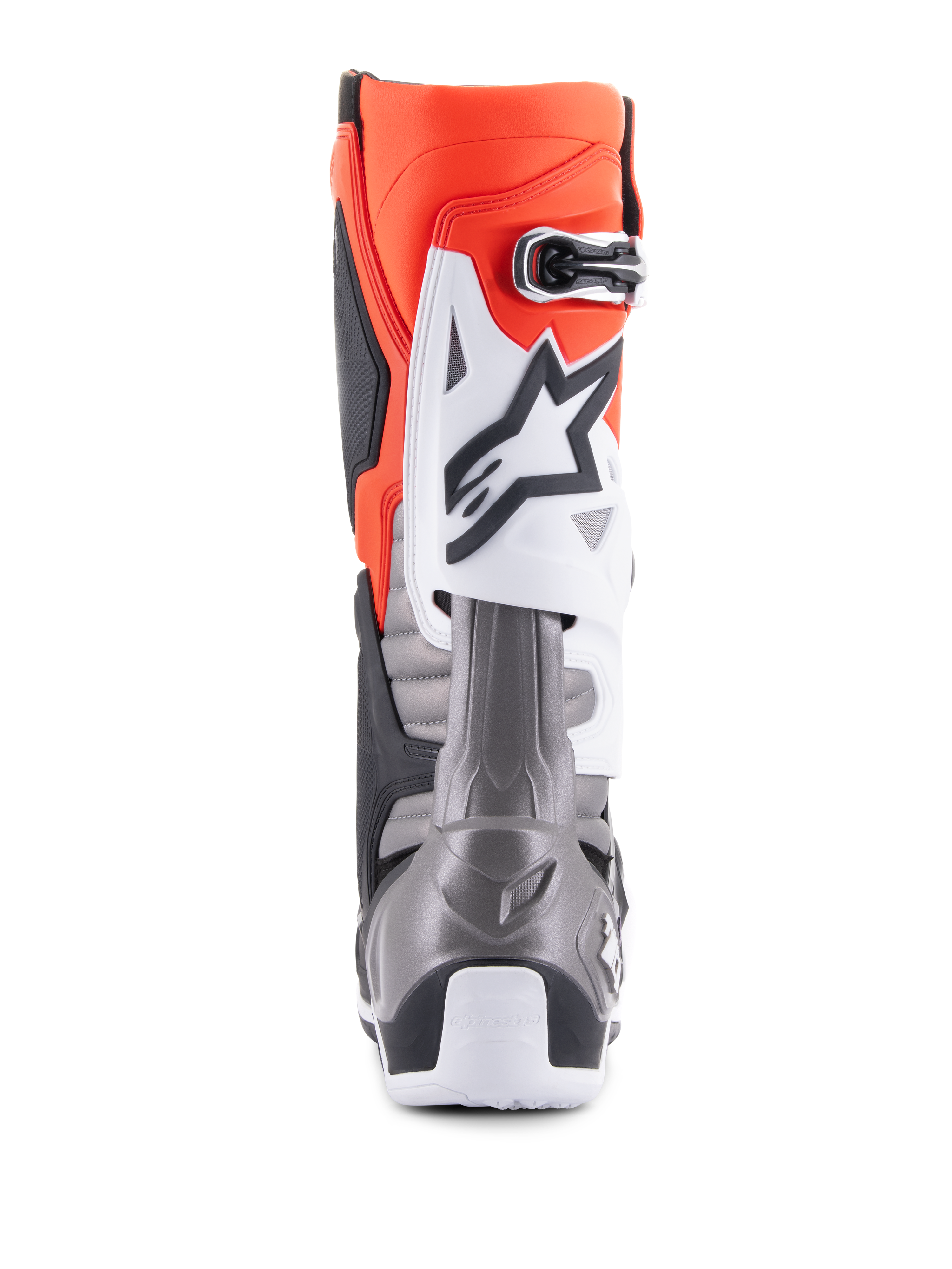 Alpinestars Tech 10 Boots, Motocross Boots, Black Red Fluo Orange Fluo and White, rear view featuring a bright orange upper, white protector plate with black logo, and metallic grey heel section for off-road racing performance