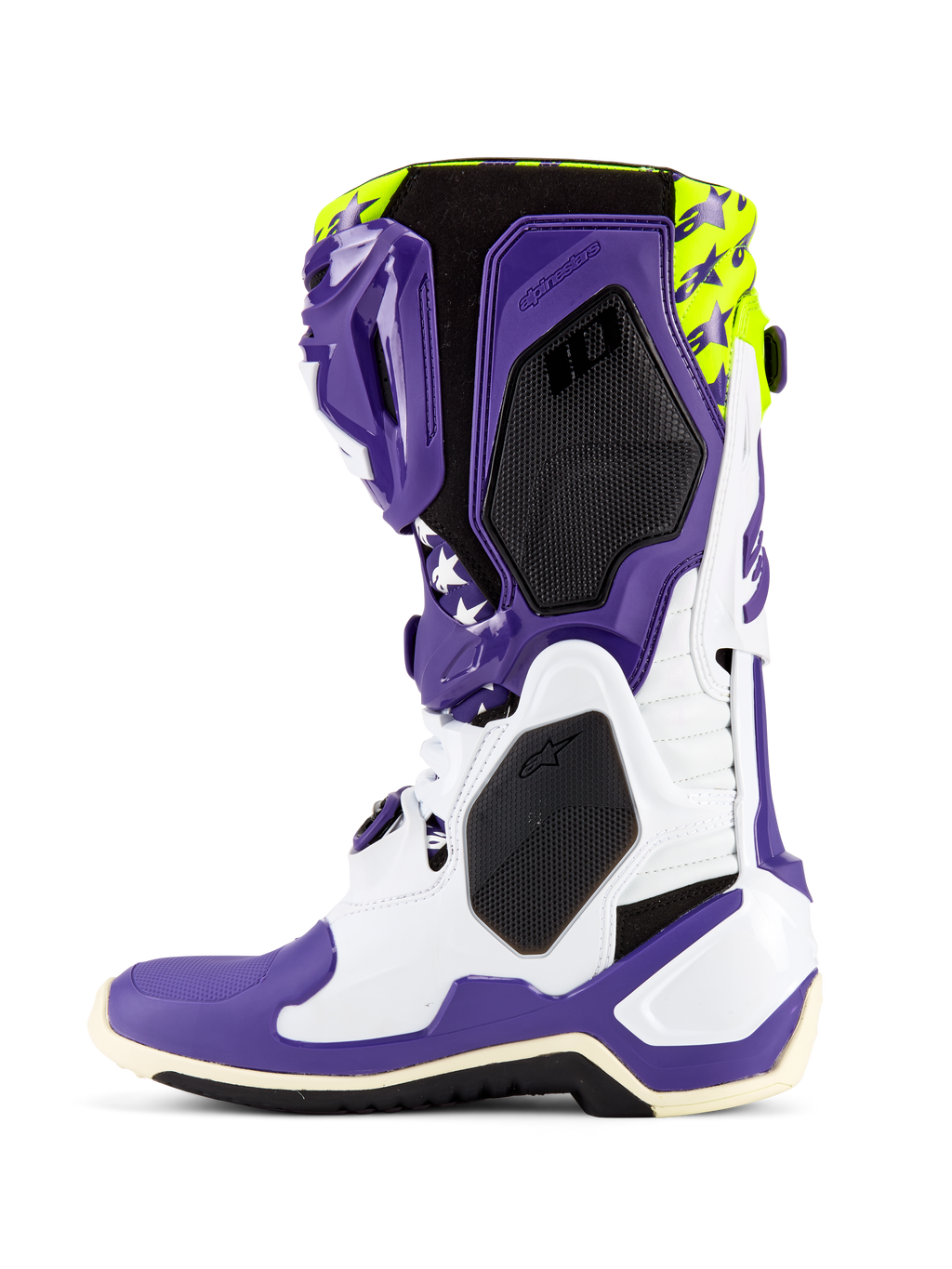 Alpinestars Tech 10 Dirt Studios® LE Boots, Motocross Boots, White Purple and Yellow Fluo, side view showing a white and purple TPU chassis, yellow fluo top with star graphics, black honeycomb textured panels, and professional-grade off-road racing design.