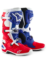 Alpinestars Limited Edition Fortitude Tech 10 Boot, Motocross Boots, Bright Red White and Blue, featuring triple buckle closure, Astars branding, and patriotic design, durable TPU and microfiber construction for elite off-road performance