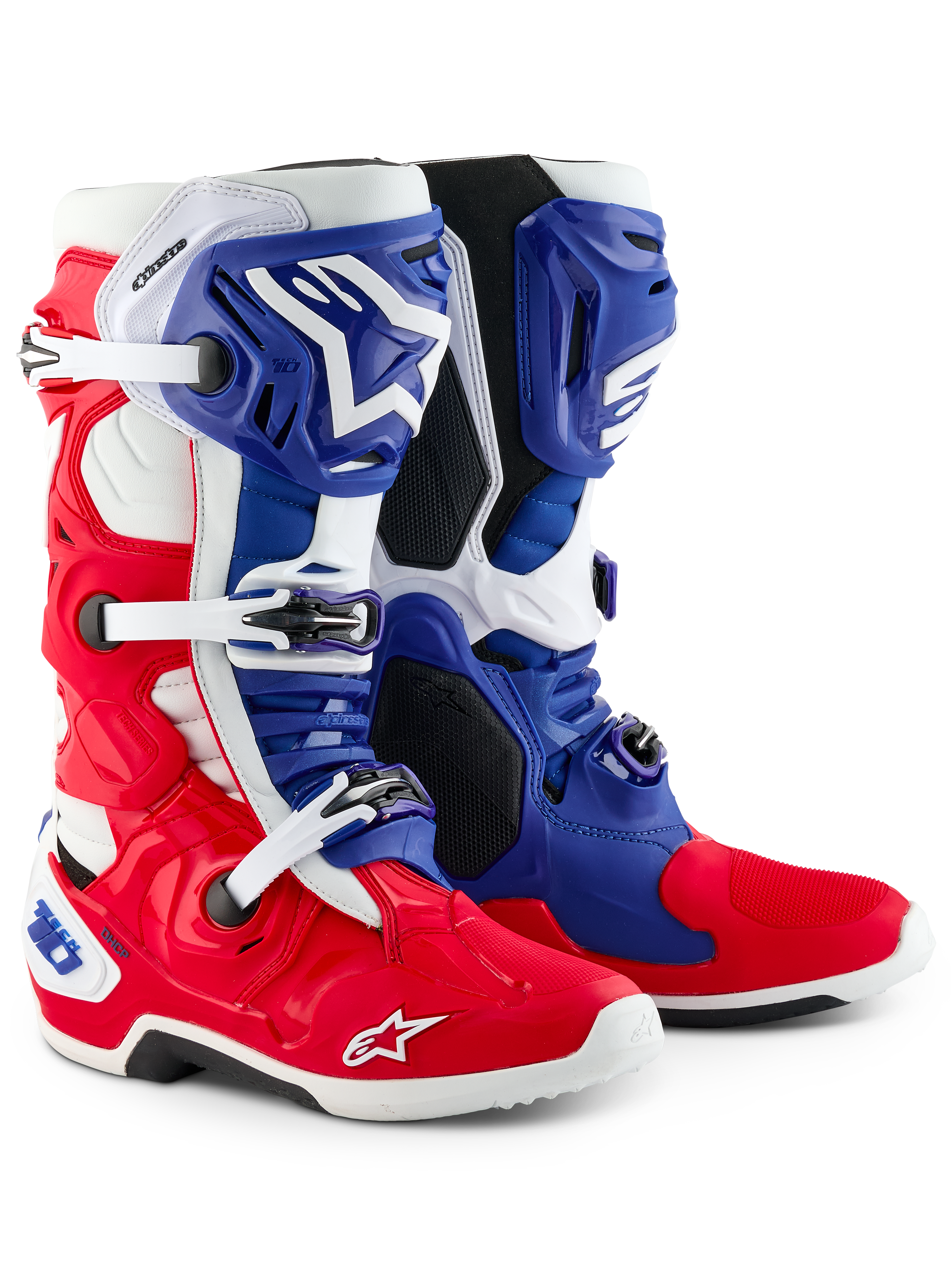 Alpinestars Limited Edition Fortitude Tech 10 Boot, Motocross Boots, Bright Red White and Blue, featuring triple buckle closure, Astars branding, and patriotic design, durable TPU and microfiber construction for elite off-road performance