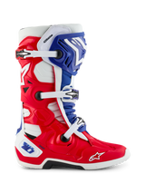 Alpinestars Limited Edition Fortitude Tech 10 Boot, Motocross Boot, Bright Red White and Blue patriotic design, side view featuring triple buckle closure, protective TPU shell, and Alpinestars logo on the toe, elite performance off-road footwear