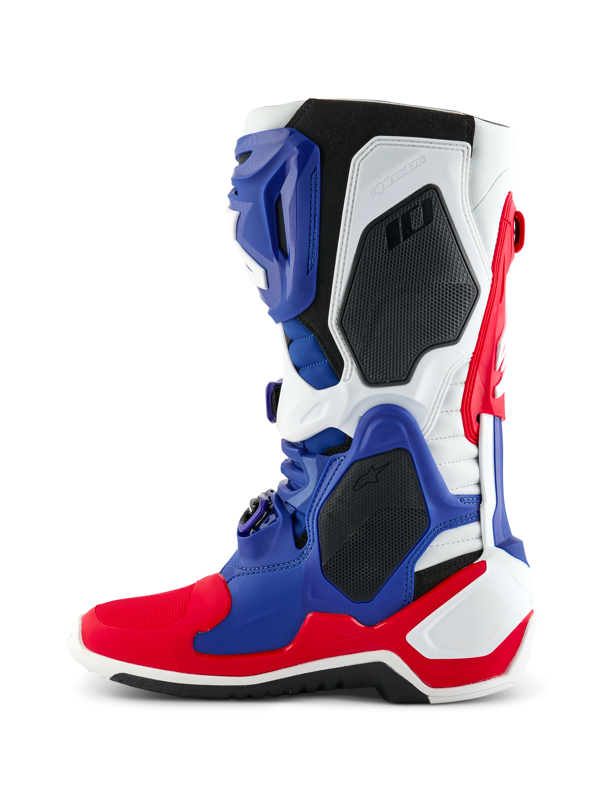 Alpinestars Limited Edition Fortitude Tech 10 Boot, Motocross Boot, Bright Red White and Blue, lateral profile view featuring a multi-paneled TPU chassis, black protective honeycomb inserts, and Alpinestars branding, professional-grade off-road racing footwear