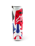 Alpinestars Limited Edition Fortitude Tech 10 Boot, Rear view, Red White and Blue patriotic colorway, featuring a bold red upper with white star logo and blue heel protector, professional motocross performance footwear