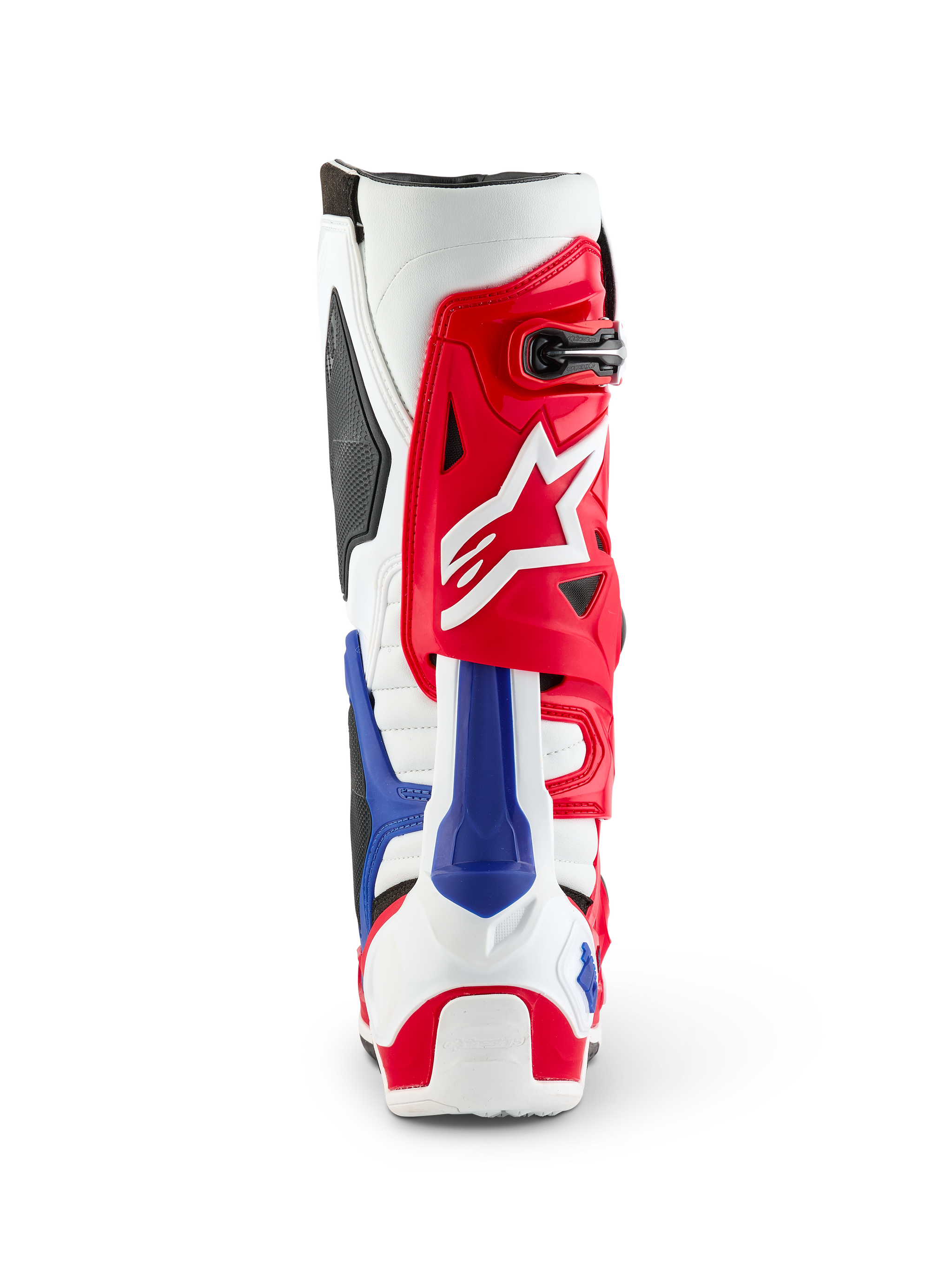 Alpinestars Limited Edition Fortitude Tech 10 Boot, Rear view, Red White and Blue patriotic colorway, featuring a bold red upper with white star logo and blue heel protector, professional motocross performance footwear