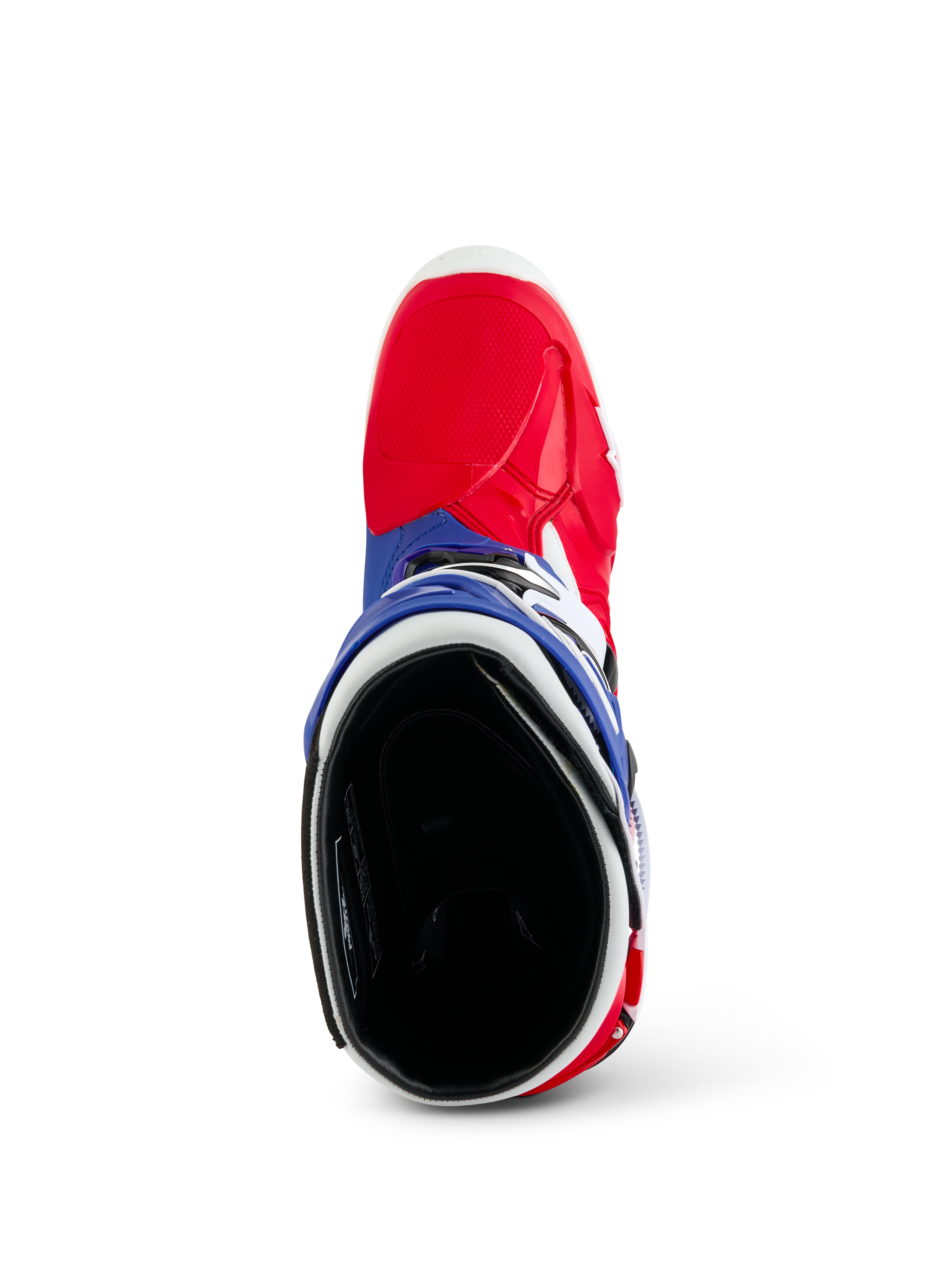 Alpinestars Limited Edition Fortitude Tech 10 Boot, Motocross Boot, Bright Red White and Blue, top-down view showing the red toe area and blue collar with black padded interior, durable off-road racing gear