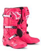 Alpinestars Tech 10 Boots, Motocross Boots, Diva Pink and White, featuring a lightweight composite construction with a triple buckle system, TPU protective shell, and iconic star logo on the shin and toe, professional off-road racing footwear.