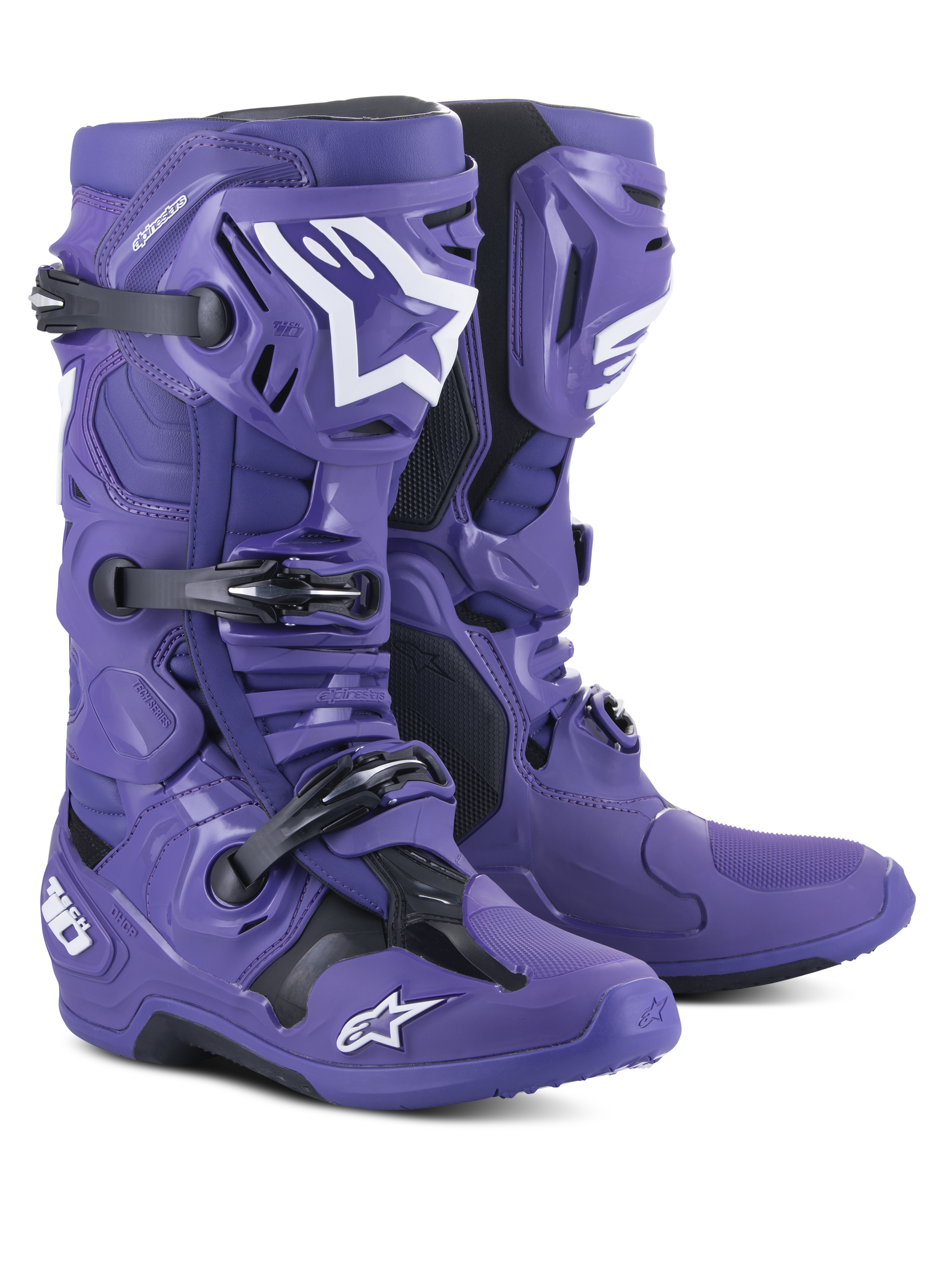 Alpinestars Tech 10 Motocross Boots, Ultraviolet Purple with black and white accents, featuring a triple buckle closure system, TPU protective shell, and Alpinestars star logos, high-performance off-road racing footwear.