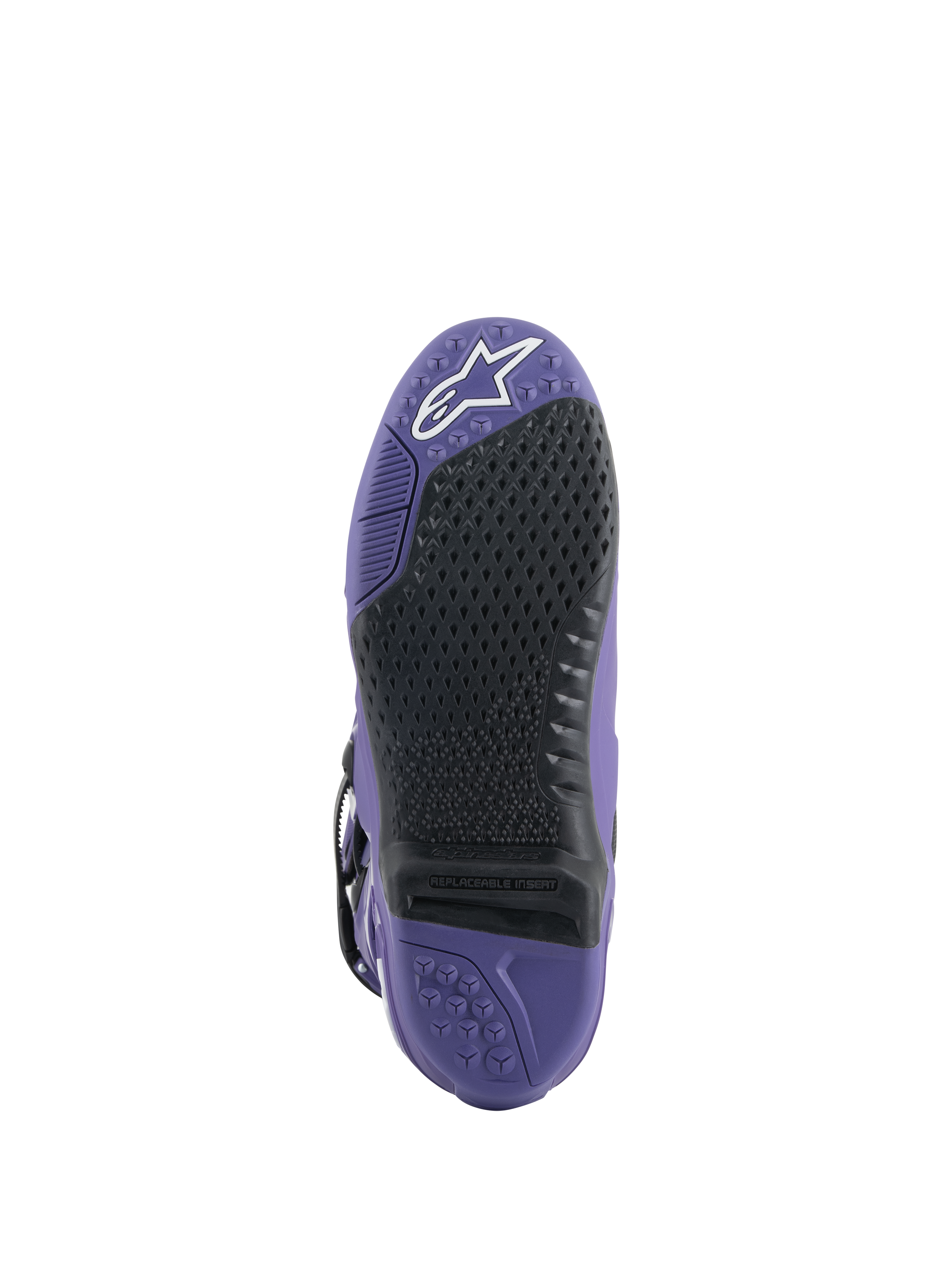 Alpinestars Tech 10 Boots, Motocross Boots, Ultraviolet Black, sole view featuring replaceable black grip insert, purple outsole with textured patterns and white star logo on the toe