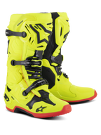 Alpinestars Tech 10 Boots, Motocross Boots, Yellow Fluo with Black and Red Fluo accents, triple buckle system, TPU shell with Alpinestars star logo, red soles, professional off-road racing gear
