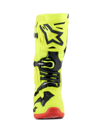 Alpinestars Tech 10 Boots, Motocross Boots, Yellow Fluo Black and Red Fluo, front-facing view, bright yellow fluorescent chassis with black TPU accents and buckle system, red sole, advanced off-road racing footwear