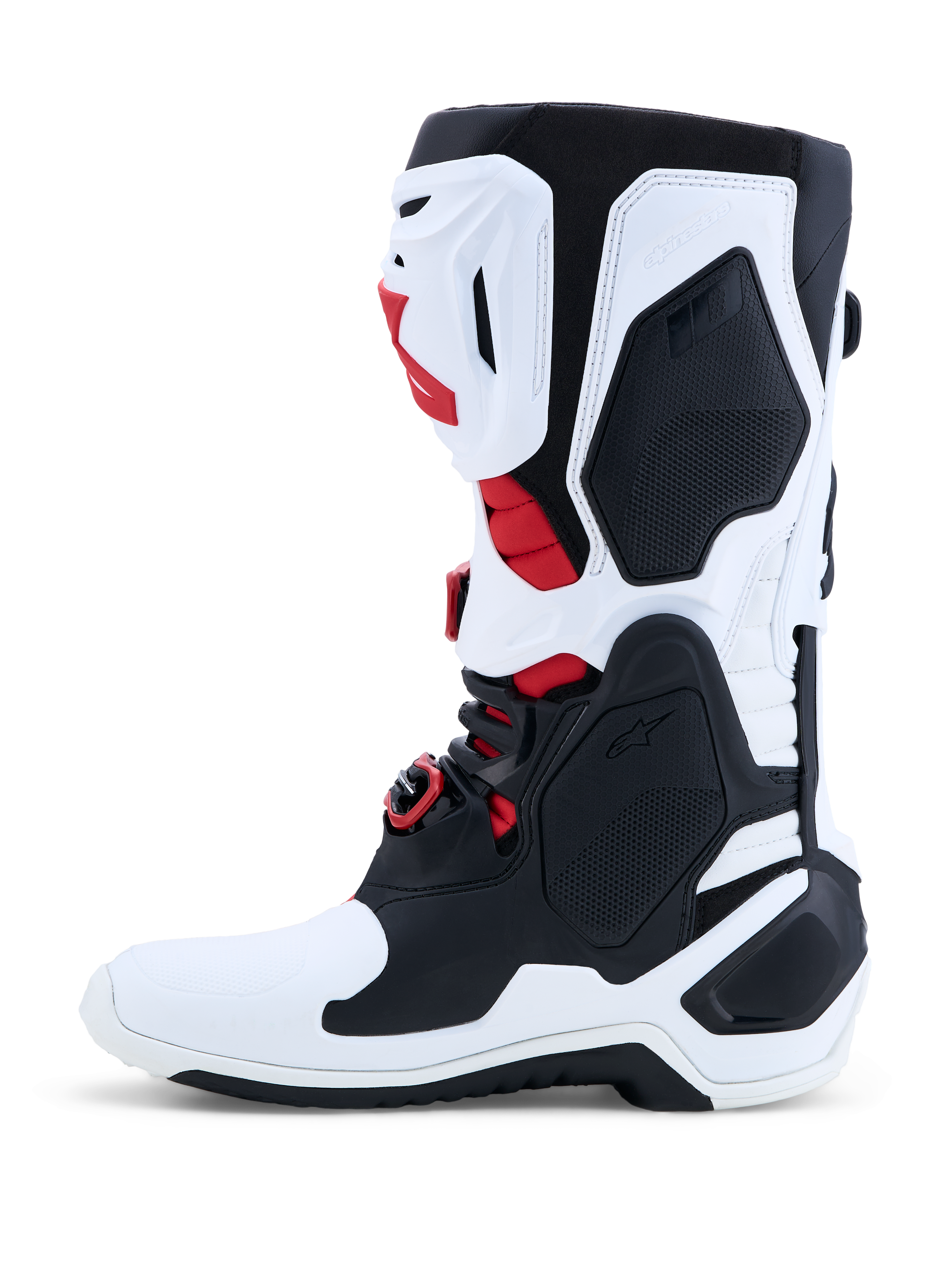 Alpinestars Tech-10 Motocross Boots, White and Black with Red, CE-certified TPU shell for professional off-road racing.
