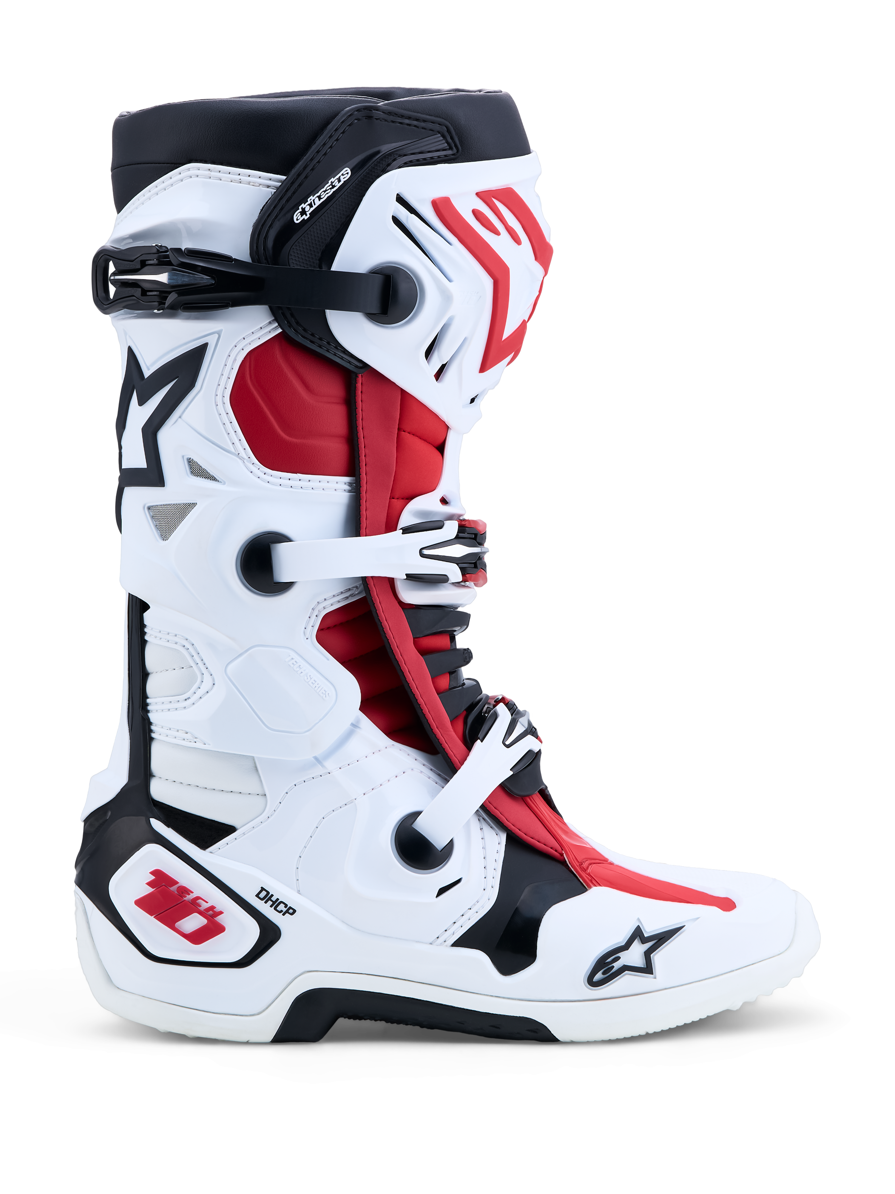 Alpinestars Tech-10 Motocross Boots in white, black, and bright red with DHCP protection and a double pivot system.