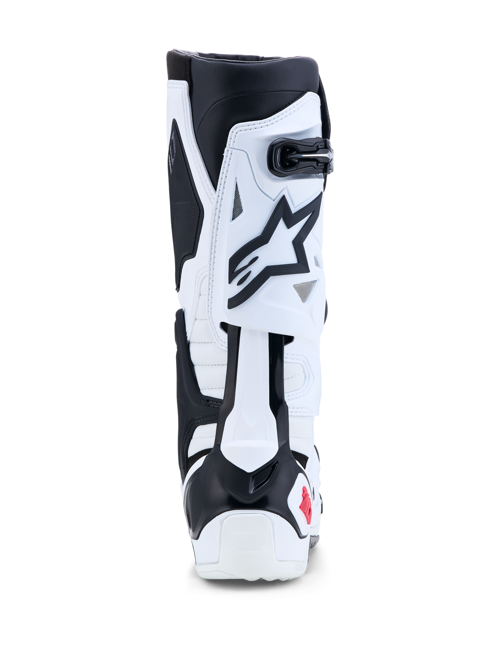 Alpinestars Tech-10 Motocross Boots in White and Black, featuring rear blade hyperextension control.