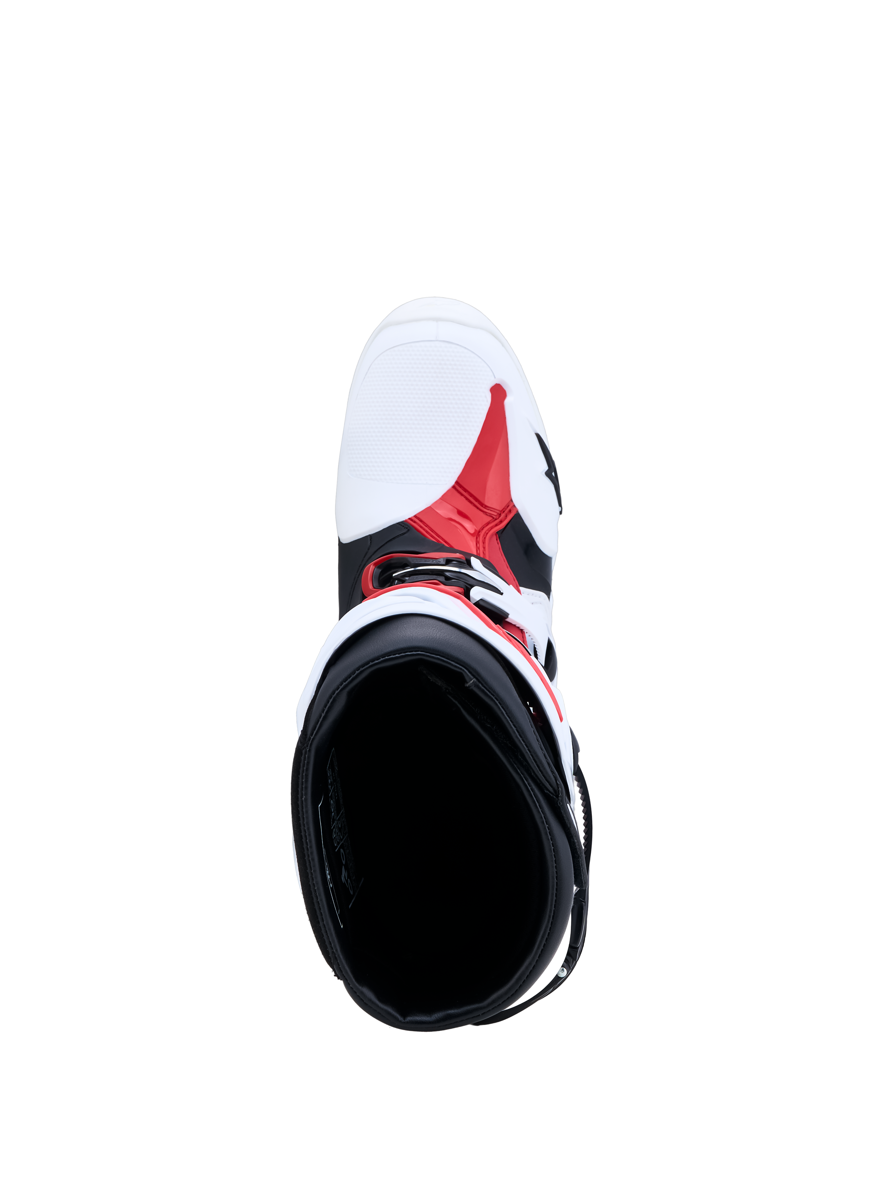 Alpinestars Tech-10 Boots in white, black, and red, top-down view showing the motocross boot's interior and TPU chassis.